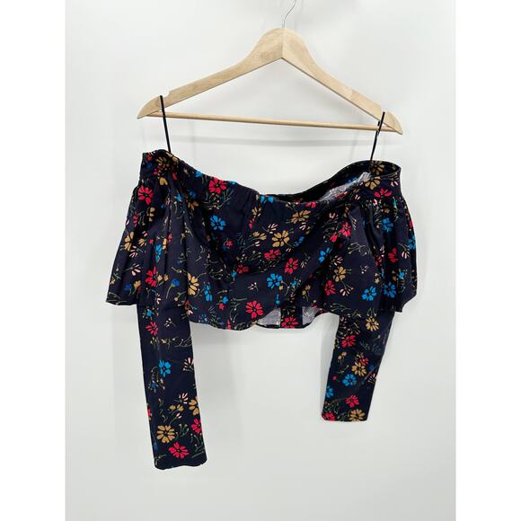 C/MEO Collective Womens Black Floral Print Off Shoulder Bell Sleeve Crop Top M - Picture 2 of 11
